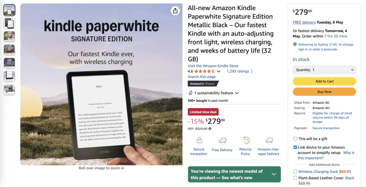 Amazon: Amazon Kindle Paperwhite Signature Edition Metallic Black (32GB) – 15% off, now $279